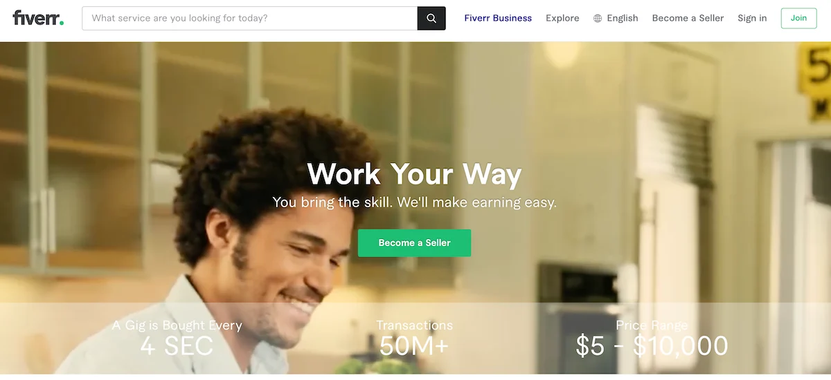 Fiverr home page showing the button to become a seller. 