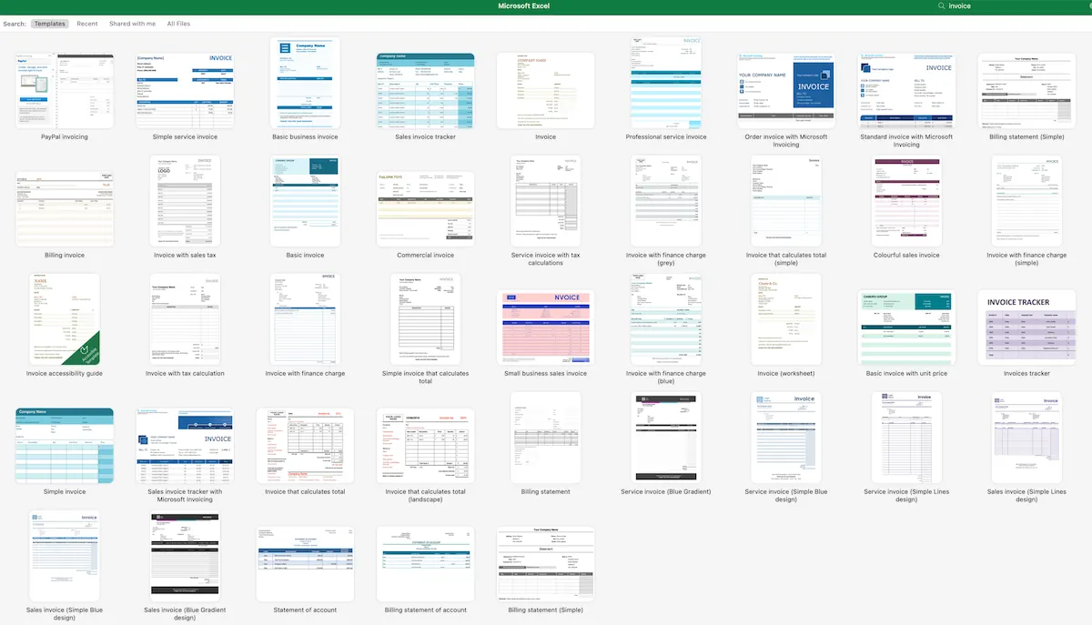 Microsoft Excel invoice templates.