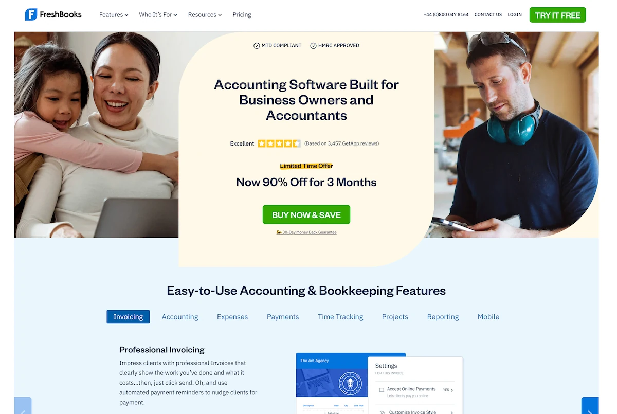 Freshbooks accounting home page.