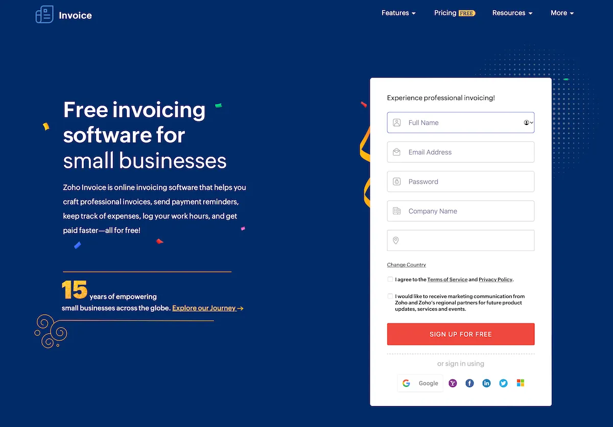 Zoho invoicing software home page.