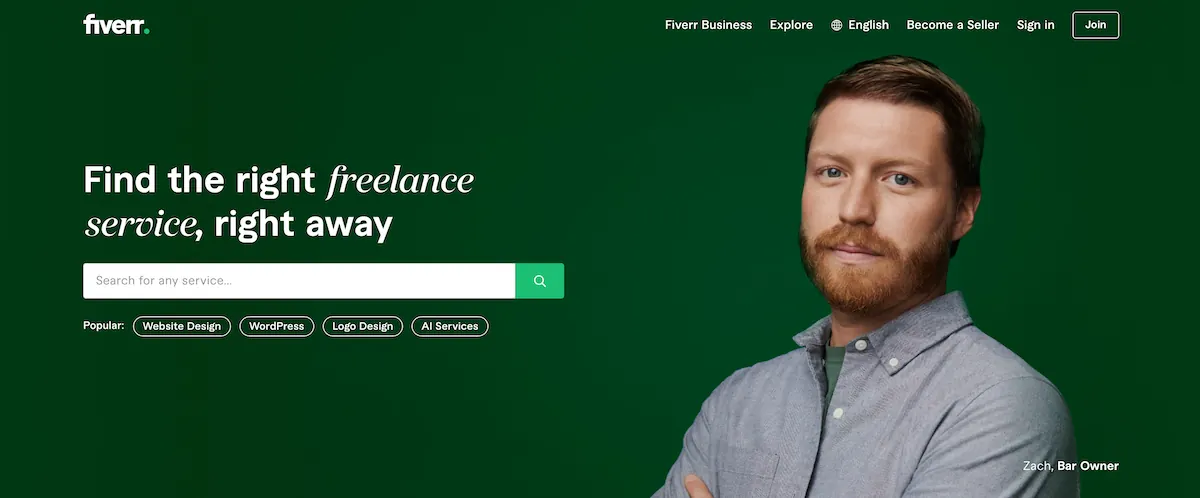 Fiverr home page with search bar to find freelancers.