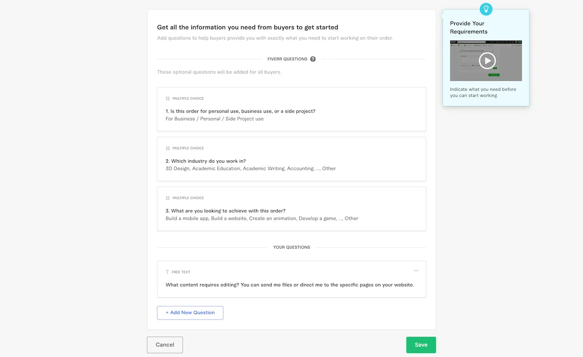 Fiverr gig requirements screen showing the default questions and the ability to add your own.