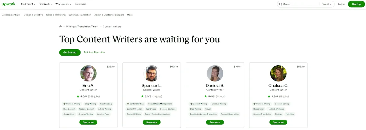 Examples of content writers and their hourly rates on Upwork.