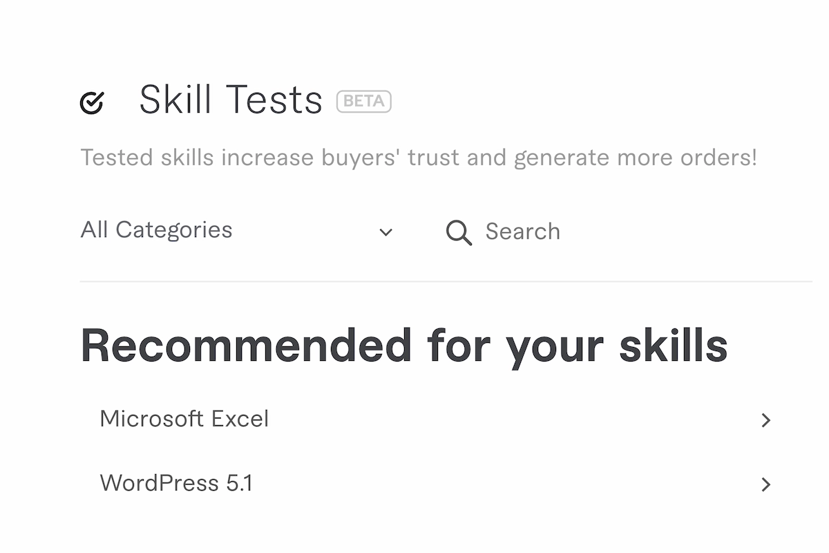 Fiverr skill tests screen showing ones recommended for you.