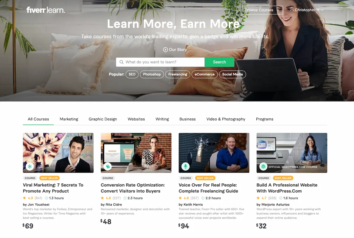 Fiverr Learn course selection screen.