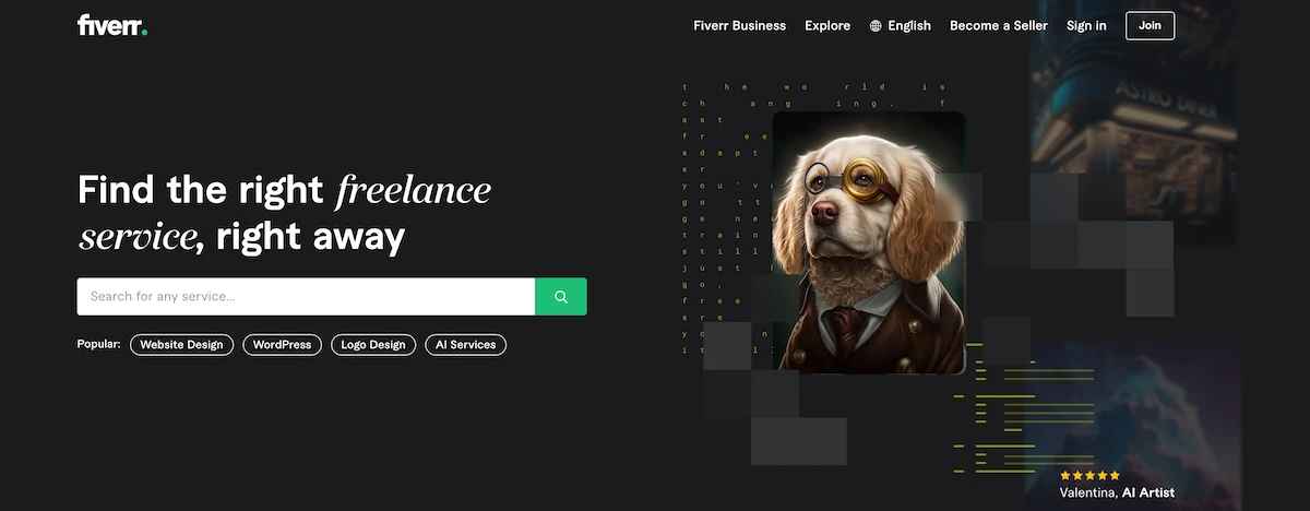 Fiverr home page showing an example of an AI artist service and a way to search for freelancers.