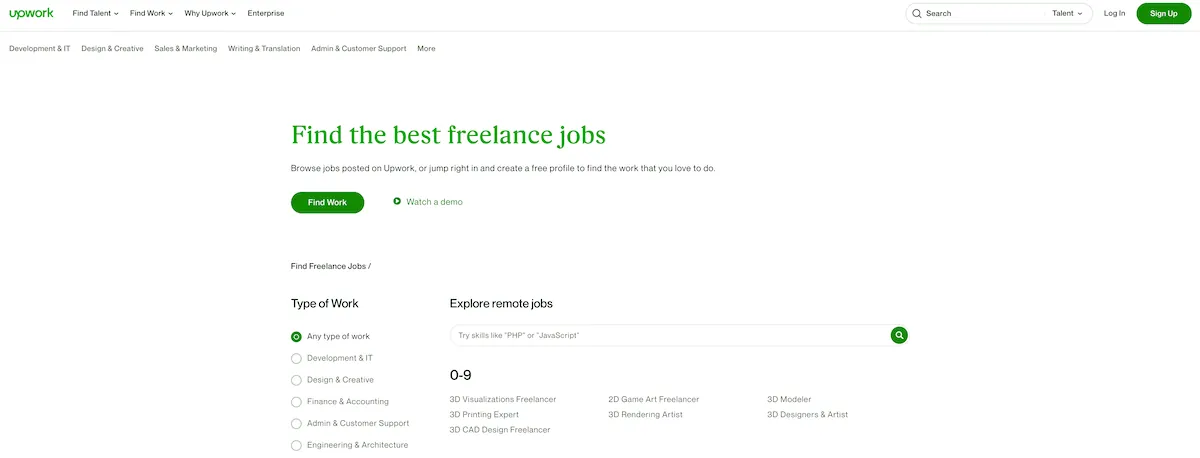 Upwork page for finding freelance jobs. 