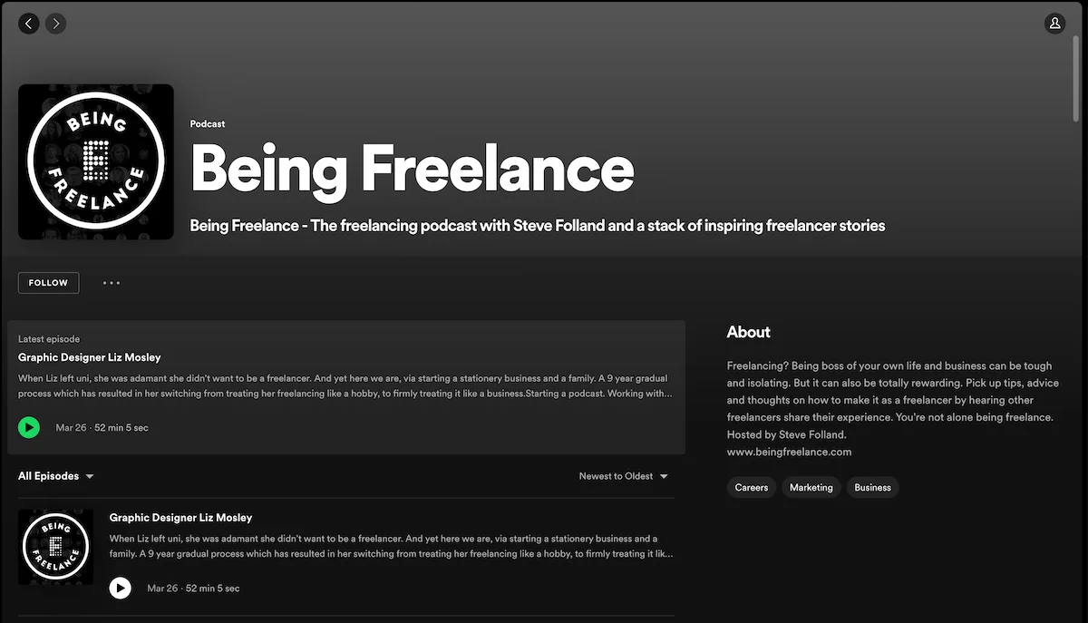 Being Freelance podcast screen on Spotify.