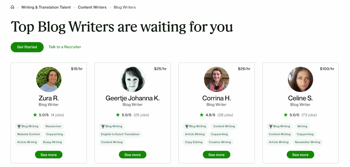 Example hourly rates on Upwork of blog writers.