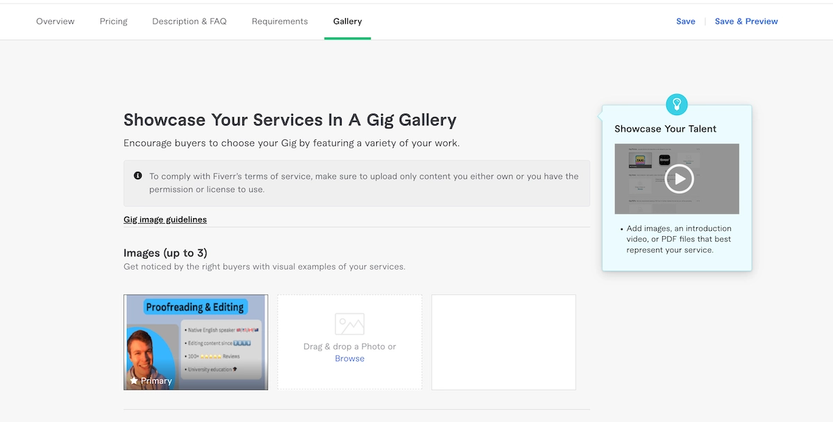 Fiverr gig gallery section showing the option to add gig images.