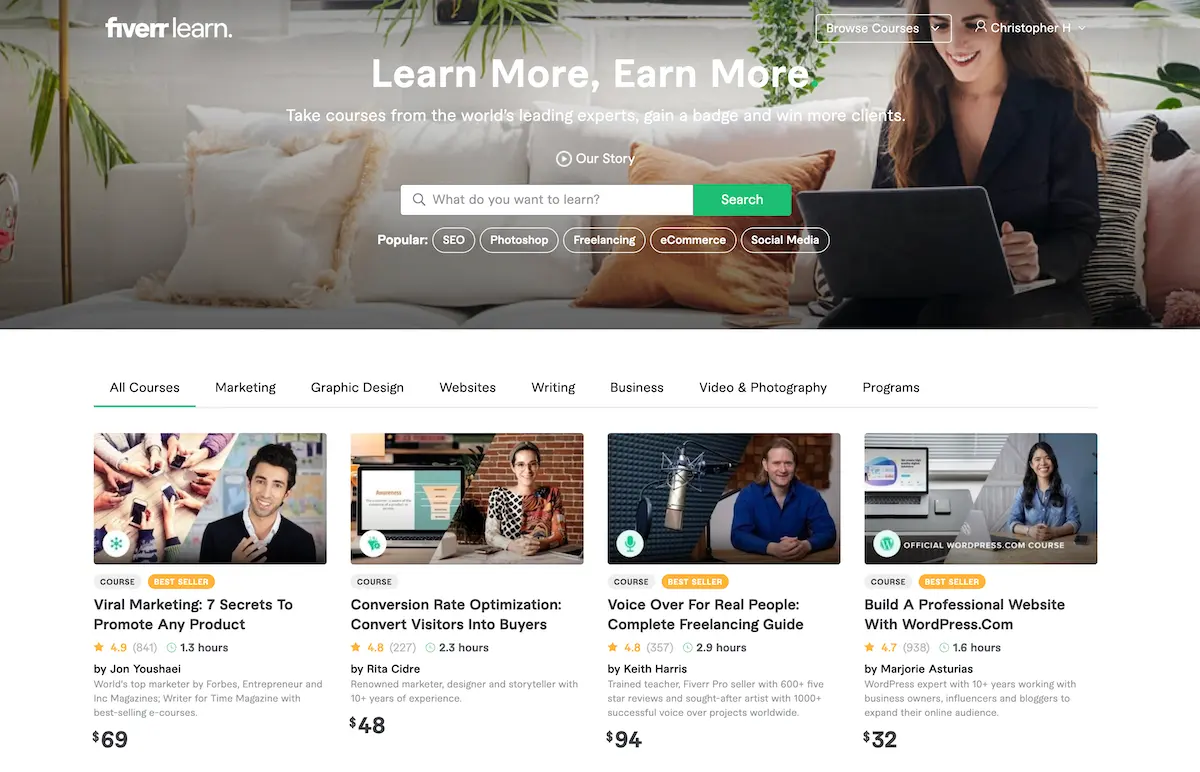 Fiverr Learn dashboard showing some of the available courses.