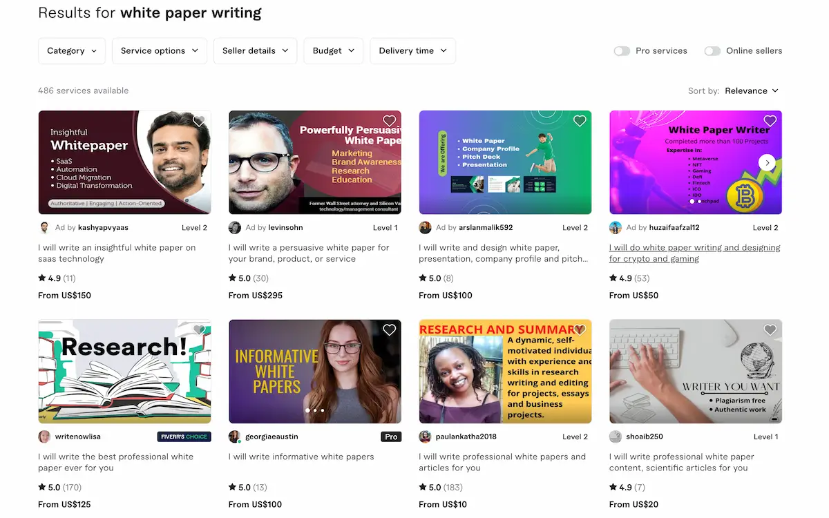 Fiverr search results for white paper writers.
