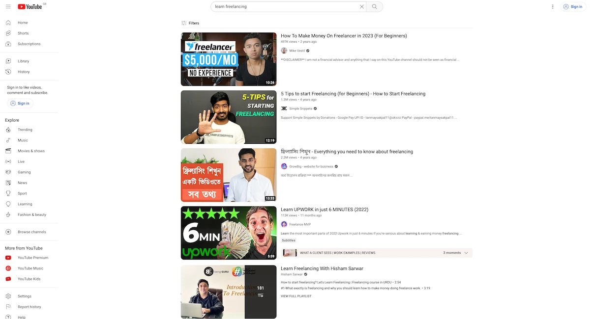 YouTube search results screen for the term learn freelancing.
