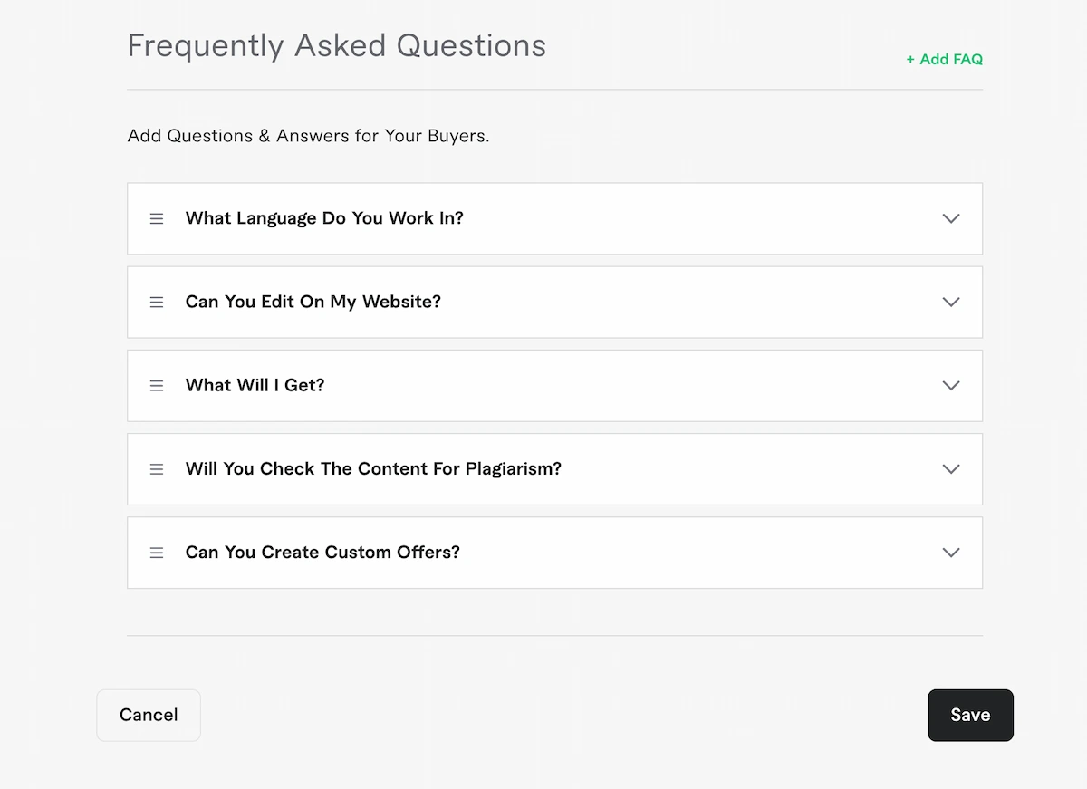 Fiverr FAQ frequently asked sections screen when creating a gig.