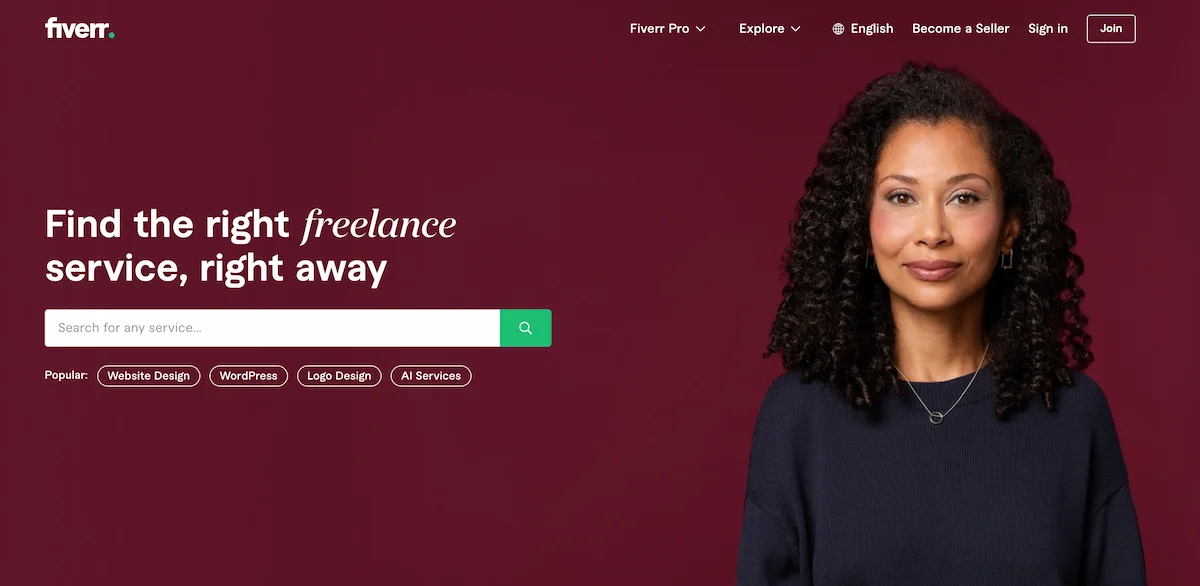 Fiverr home page showing the search bar to find freelancers.