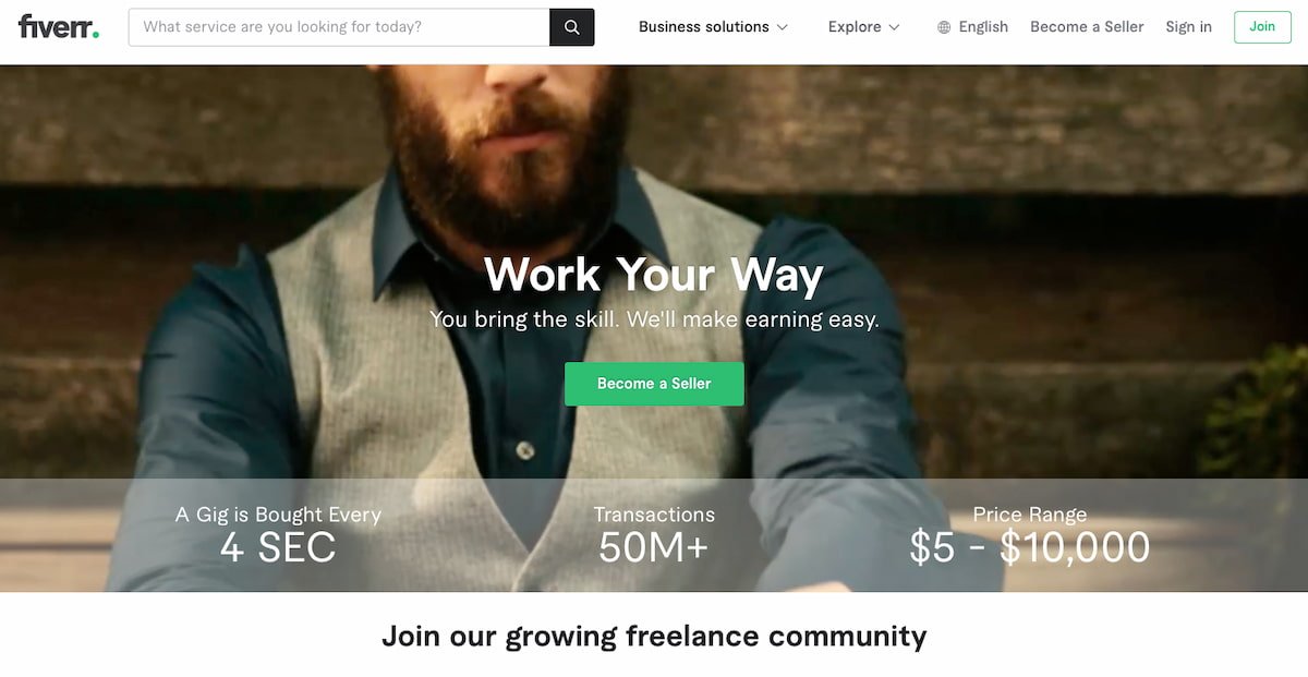 Fiverr home screen showing the option to become a freelancer on the platform.