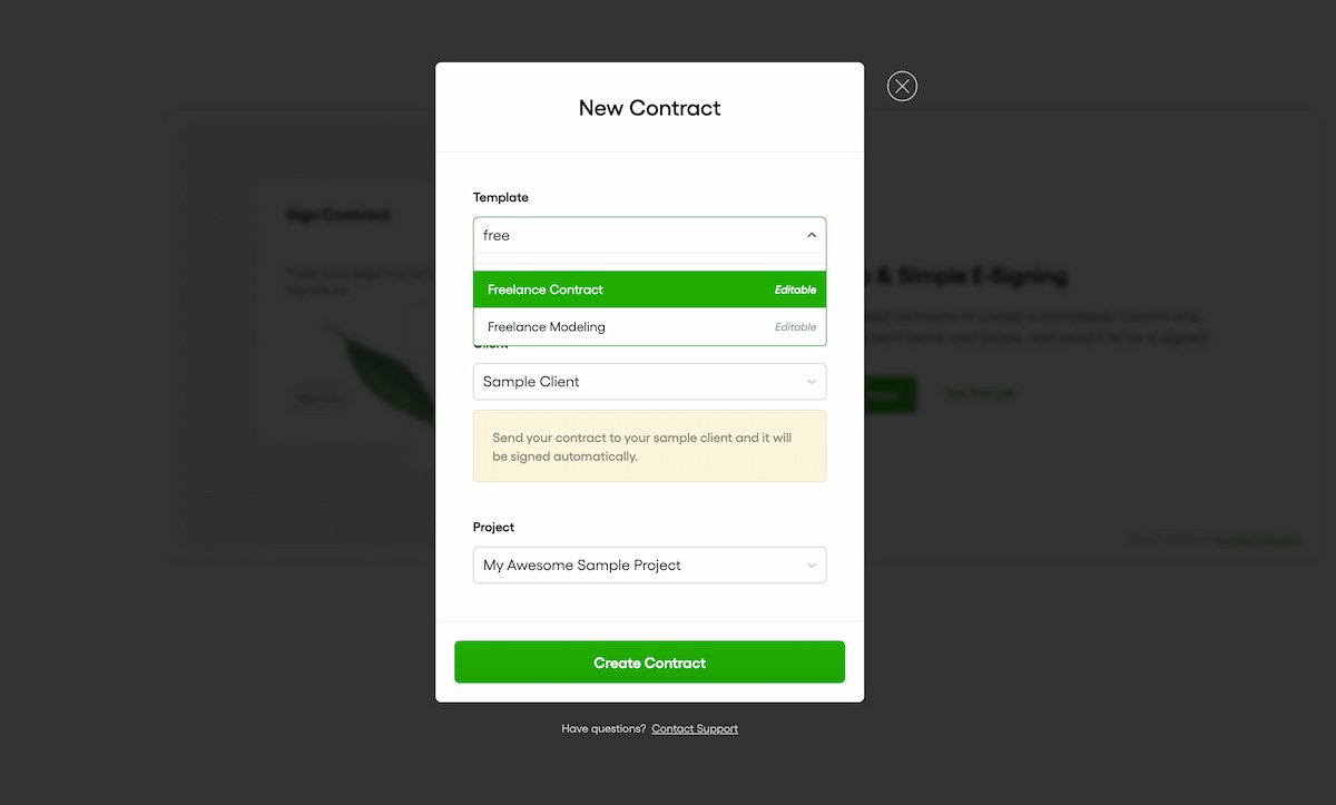 Bonsai contract creation tool showing the option to select a freelance template.