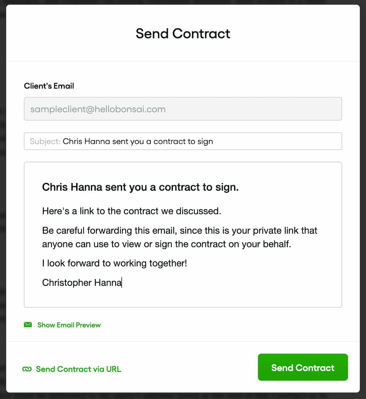 Screen showing the option to send your contract to a client through Bonsai.