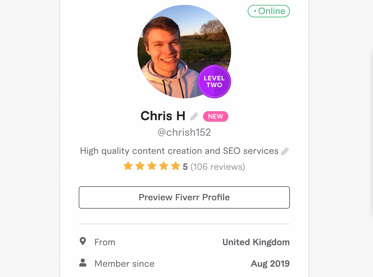 Chris Hanna Fiverr profile showing Level 2 Seller badge and 106 5-star reviews.