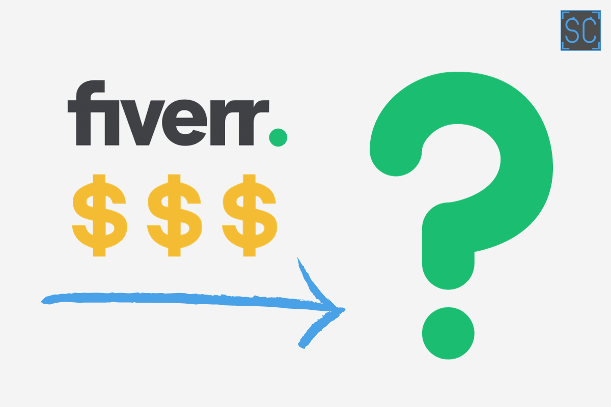 Graphic showing the Fiverr logo, some dollar signs, and an arrow pointing to a question mark.