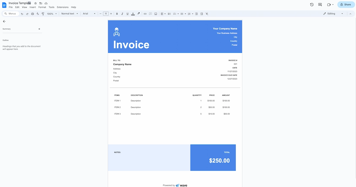 Google docs invoice example.